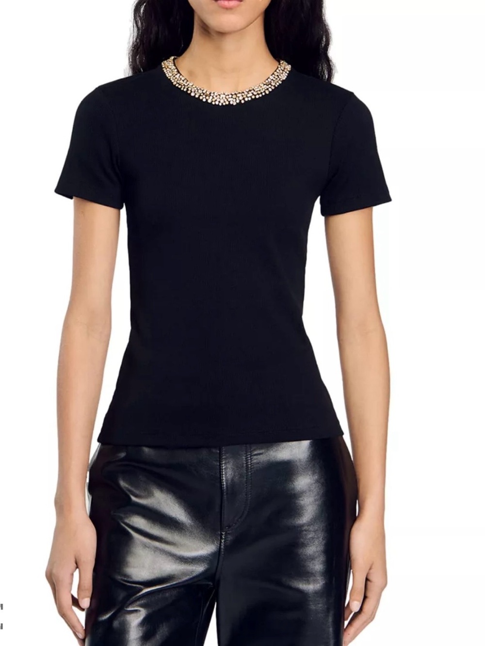 Embellished Crewneck Short Sleeve Top - Black